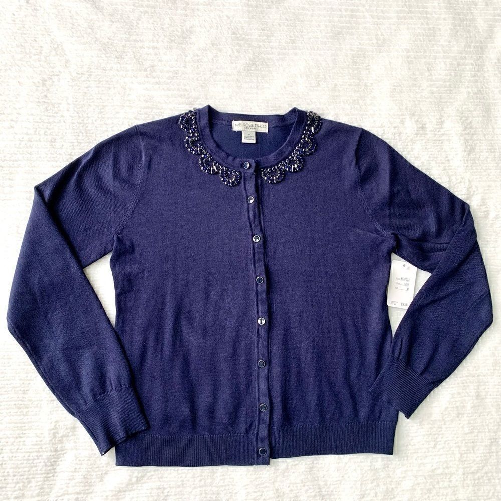 New Ladies Beaded Crewneck Cardigan In Navy